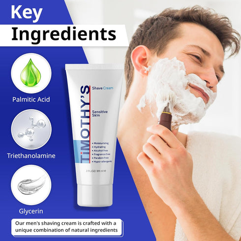 Timothy's Unscented Shave Cream 6 oz + 1 oz Travel Size - Alcohol Free, Paraben Free, Dermatology Approved