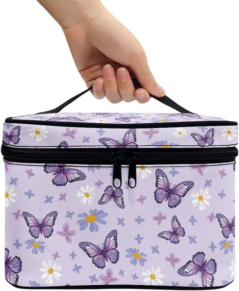 Purple Butterfly Makeup Bag - Cute Floral Cosmetic Organizer for Women, Portable Toiletry Case for Travel