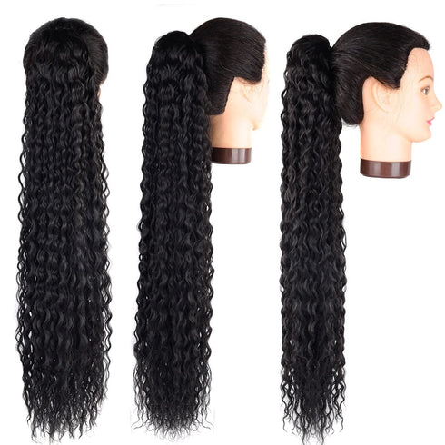 Long Curly Drawstring Ponytail - 30” Synthetic Clip In Extensions, Black Color for Women