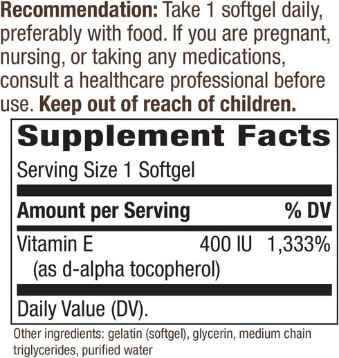 Nature’s Way Vitamin E D-Alpha Tocopherol - 268 mg per serving - Antioxidant – Essential Nutrient for Heart Muscle Cells* - Gluten Free - 100 Softgels