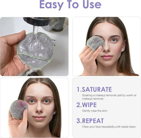 SUNLAND 16 Pack Reusable Makeup Remover Pads for Face, Eye, Lips - Microfiber Cleansing Gloves with Laundry Bag, Grey