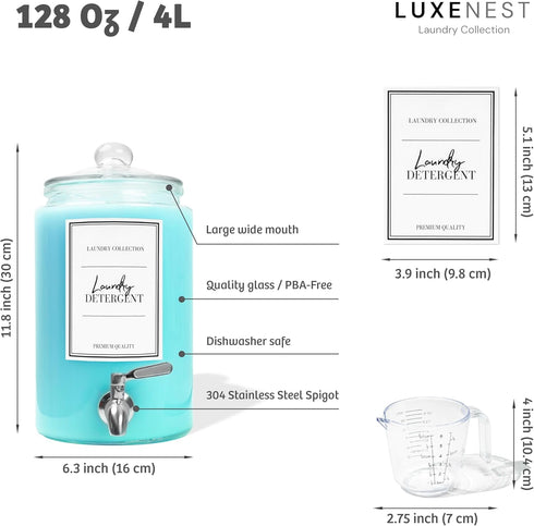 LUXENEST 1 4L (1 Pack) Large Gallon Laundry Liquid Detergent Dispenser with Spigots and Measuring Cups, Laundry Soap