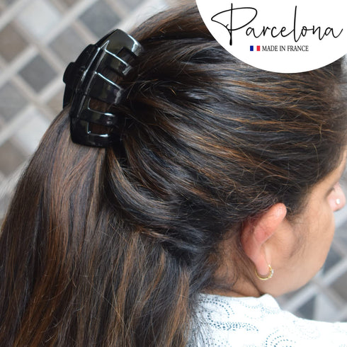 Parcelona French Tubular Black 3" Hair Claw Clip, Celluloid Covered Spring No Slip Grip for Women