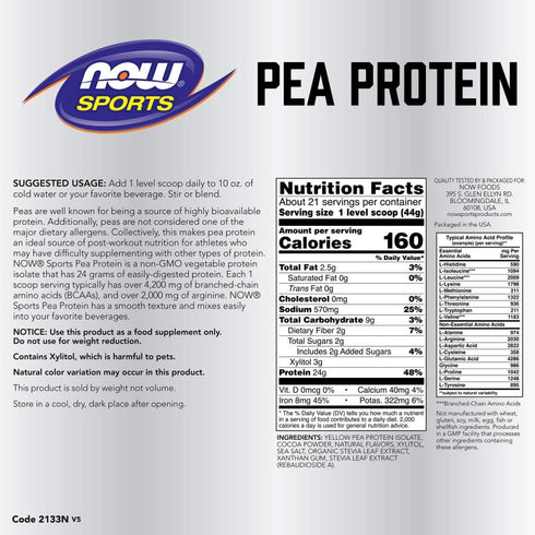 NOW Foods Sports Nutrition Pea Protein, 24g, Creamy Chocolate Powder, 2-Pound, Easily Digested