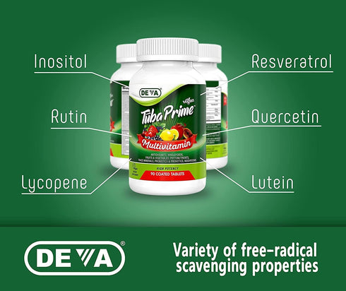 DEVA Tuba Prime Vegan Multivitamin, 90 Tabs, High-Potency Dietary Supplement with Antioxidants & Probiotics, 2-Pack