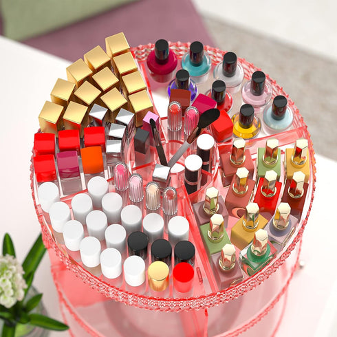 Pink 360 Makeup Organizer Carousel, Large 7 Layers Acrylic Make Up Organizer for Vanity, Fits Makeup Brushes,