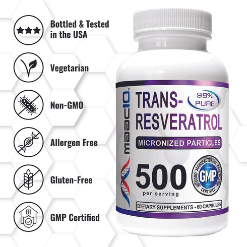 MAAC10 Trans Resveratrol 500mg Supplement, 60ct, Micronized Pharmaceutical Grade with BioPerine for Absorption
