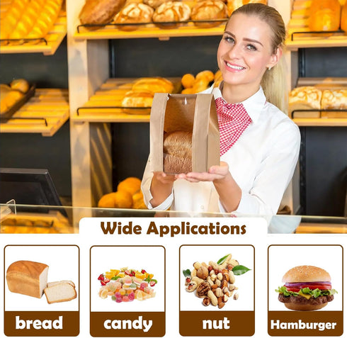WOFEIS 25 13.7x8.3x3.6 inch(25) Pcs Large Paper Bread Bags for Homemade Bread, Kraft Paper Bakery Bags with Clear
