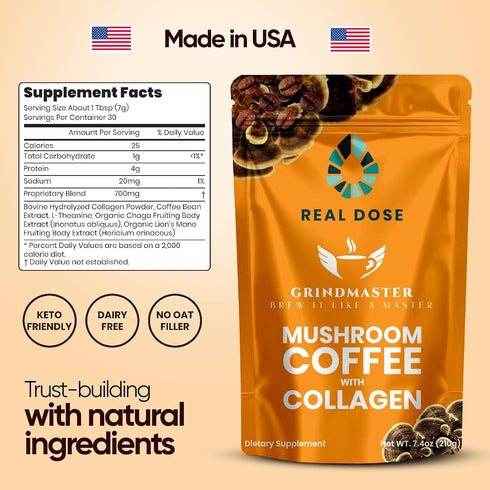 Immune 30 Mushroom Coffee - Mental Clarity & Beauty Support - With Collagen Protein Powder, Lions Mane, L-Theanine