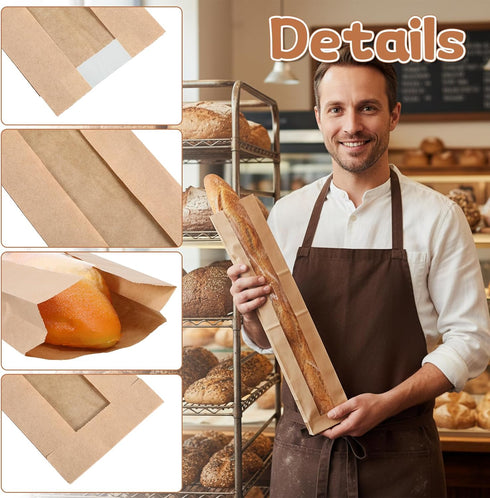 SHENLIU 200 Pack 200 Packing Packaging (23.3 x4.3 x1.6 Inch) Baguette Paper Bags with Clear Front Window and Seal
