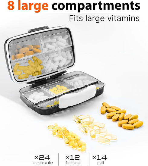 Travel Pill Organizer, Airtight Medicine Case for Traveling, Portable Pharmacy Box with Labels, 8 Compartment Holder