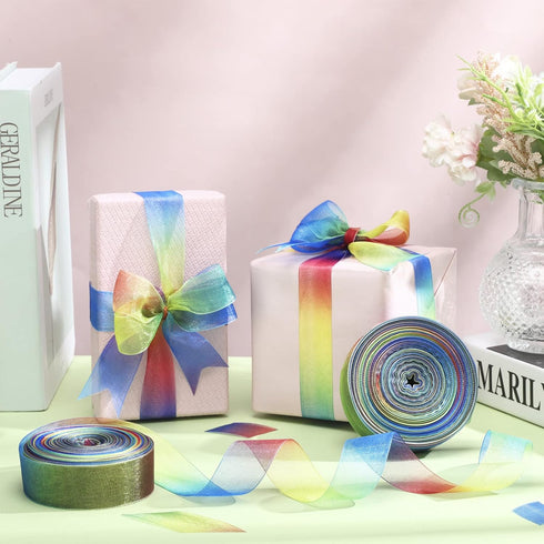 Shappy Rainbow Gift Ribbon, 1 Inch x 50 Yards for Gift Wrapping, Organza Shimmer Sheer Rainbow Colors