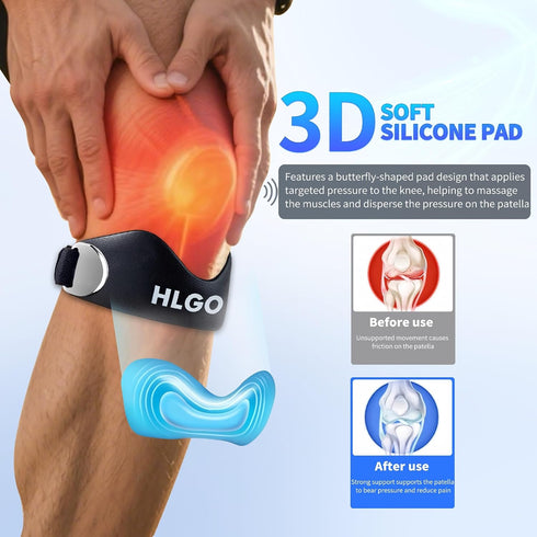 HLGO Silicone Patellar Tendon Support Knee Strap, Adjustable Patella Support Strap with Compression Cushion, Anti-Slip