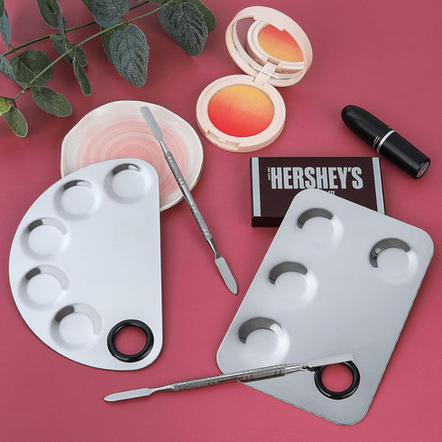 Professional Stainless Steel Makeup Palette, 2 Pieces Cosmetic Palette with Spatula Tool for Nail-art Mixing