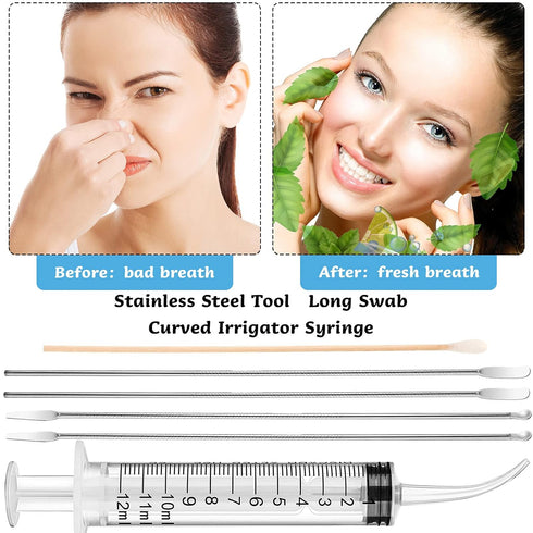 Tonsil Stone Removal Set Includes 4 Stainless Steel Tools and 100 Long Swabs with 1 Curved Irrigator Syringe