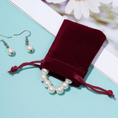 Nydotd 100pcs Velvet Cloth Jewelry Pouches, 2 X 2.8 inch Drawstring Bags for Christmas Candy Gift, Wine Red