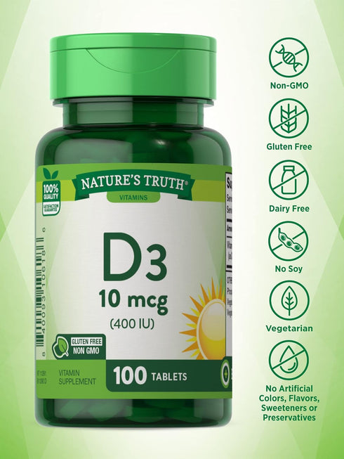 Vitamin D3 400 IU (10 mcg) | 100 Tablets | Vegetarian, Non-GMO, Gluten Free Supplement | Nature's Truth