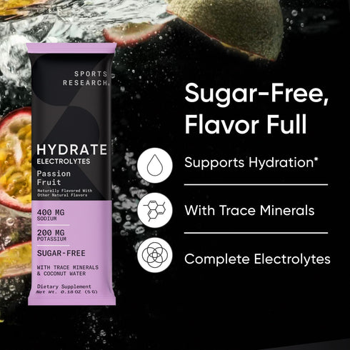Sports Research Hydrate Electrolytes Powder Packets - Sugar-Free & Naturally Flavored with Vitamins, 16 Packets