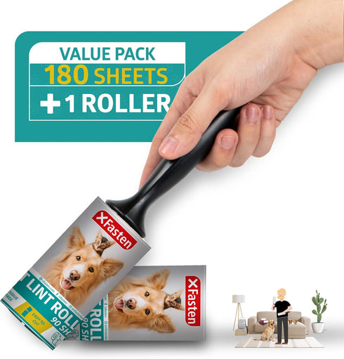 XFasten Pet Hair Lint Rollers, Extra Sticky, 180 Sheets, 2 Lint Roller Refills, Pet Hair Removal Tool