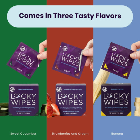 Pack 10 Lucky Wipes For Men, Individually Wrapped - pH Balanced Flavored Intimate Wipes - of (Strawberries and Cream)
