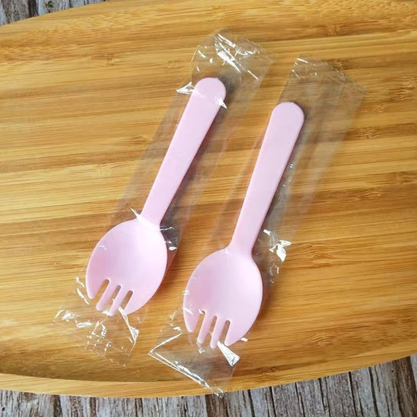 100PCS Disposable Sporks, Eco-Friendly Durable Plastic Spork, 2 in 1 Forks and Spoons (Pink)