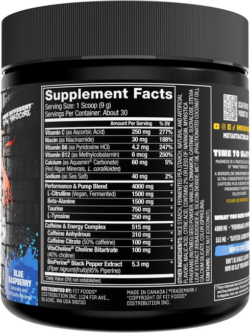 Mutant Madness Pre Workout Powder Supplement - Performance and Pump Blend, 30 Servings, Blue Raspberry