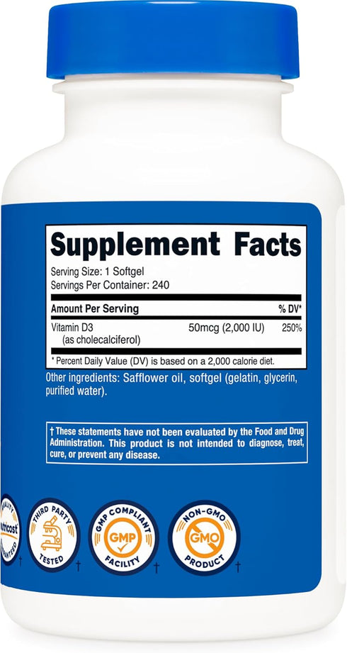 Nutricost Vitamin D3 2000 IU Softgels, 240 Softgels | Non-GMO & Gluten Free