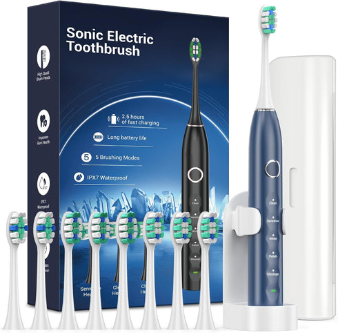 Electric Toothbrush Set with 8 Brush Heads, IPX7, Rechargeable Sonic Toothbrush for Adults, Travel Case, 5 Modes, Timer