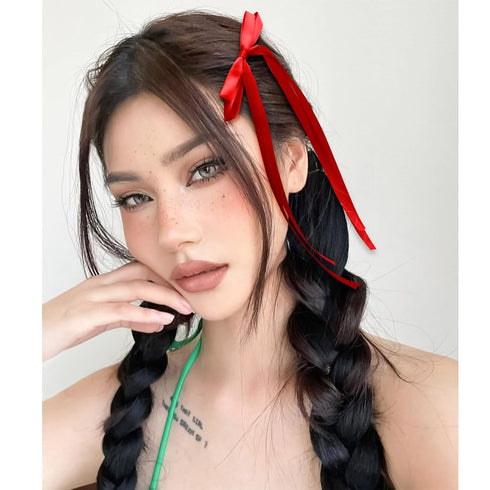 VOBOBE Hair Bows for Women - 4PCS Red Tassel Ribbon Bowknot Hair Clips Barrettes with Long Tail, Solid Satin
