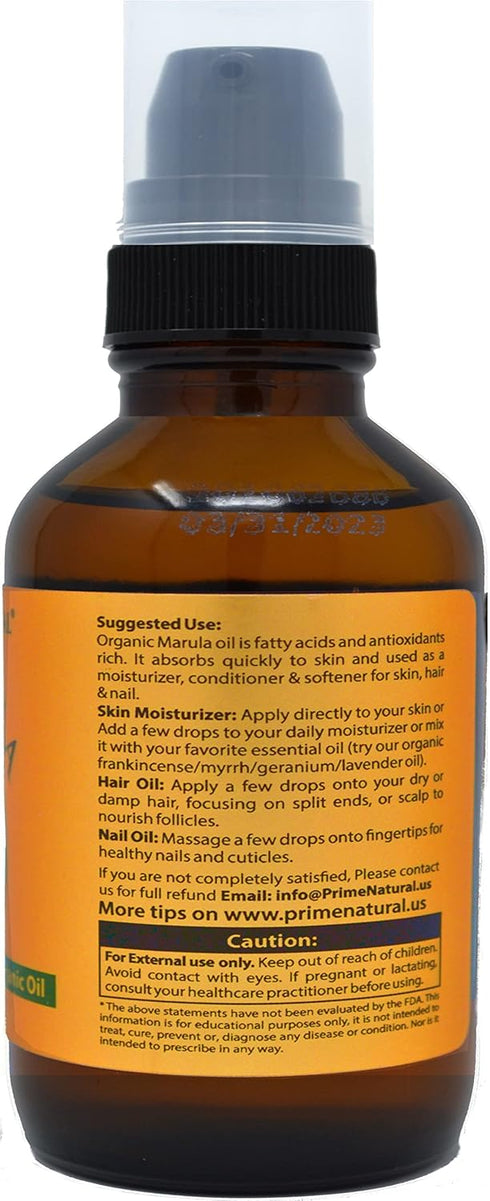 PRIME NATURAL Organic Marula Oil 4oz/120ml - USDA Certified, Cold Pressed, Unrefined, Virgin for Face, Body, Hair