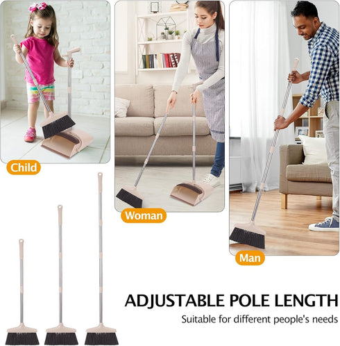 Set 1-Pack Broom and Dustpan with Long Handle, Light Weight Stainless Steel Poles Stand Upright Dustpans with Broom