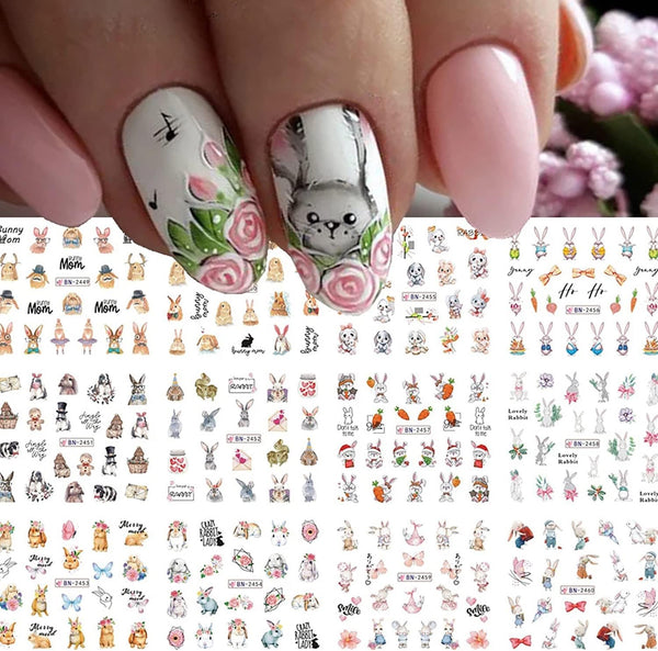 12 Sheets Rabbit Nail Stickers, Animal Water Transfer Nail Decals, Holographic Art Sticker for Women Girls