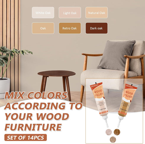 Natural Oak Wood Furniture Repair Kit - 6 Colors Wood Filler with Wood Putty, Polish Wax for Tables, Doors, Floors,