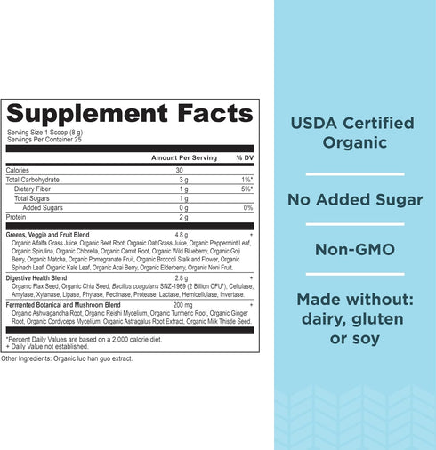 Ancient Nutrition Super Greens Powder, Organic Superfood with Probiotics, Spirulina, Chlorella, Matcha, 25 Servings
