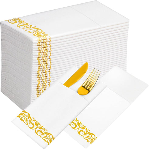 KAMMAK White Dinner Paper Napkins with Pocket Disposable 100 Pack Yellow Trim