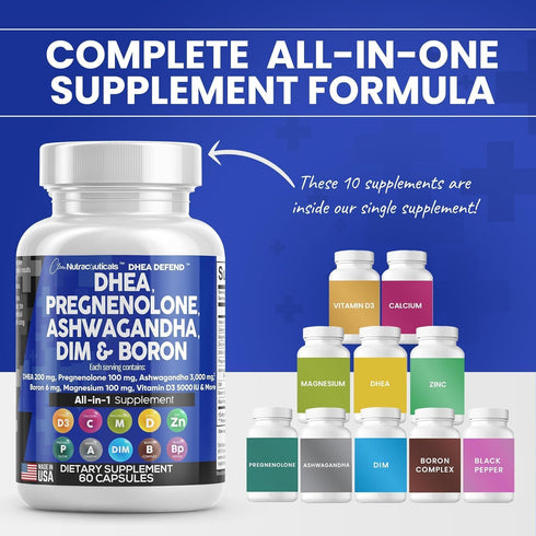 DHEA 200mg Supplement Pregnenolone 100mg for Men & Women with DIM Ashwagandha 3000mg Boron 6mg Complex Calcium Magnesium Zinc 50mg Vitamin D3 5000 iu Hormone Support Capsules Pills - Made in USA 60 Ct