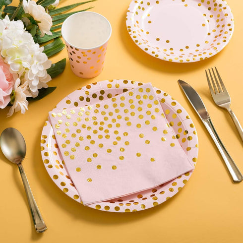 HOMIX 175Pcs 25 Pink and Gold Party Supplies, Disposable Gold Dots on Pink Paper Plates Cups and Napkins, Gold Plastic