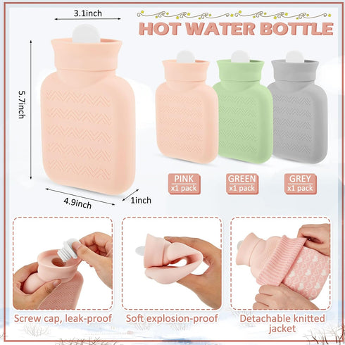 Amylove 3 Pcs Mini Hot Water Bottle - 320ml Silicone with Cover for Travel Pain Relief (Gray, Pink, Green)