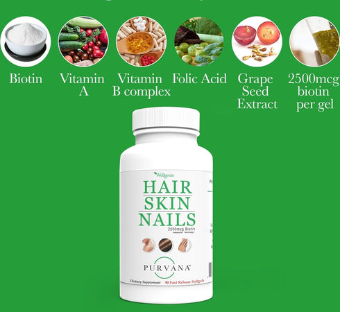 Wellgenix Purvana Hair, Skin, and Nails, One a Day Softgel, 2500mcg Biotin, 90 Count, Anti Aging & Hair Growth