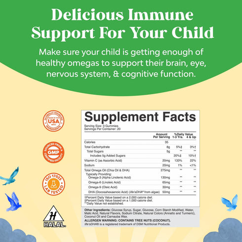 Kids DHA Omega 3 Gummies - Delicious Fish Free DHA Kids Omega 3 Gummies with Vegetarian Omega 3 6 9 for Vision, Brain &