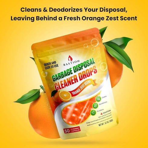 Garbage Disposal Cleaner and Deodorizer Drops, 50-Count, Orange Zest Scented Kitchen Sink Freshener Pods