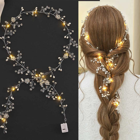 Yean Led Bride Wedding Hair Vine, Long Light Up Bridal Headband with Silver Crystal Accessories (100cm / 39.3inches)