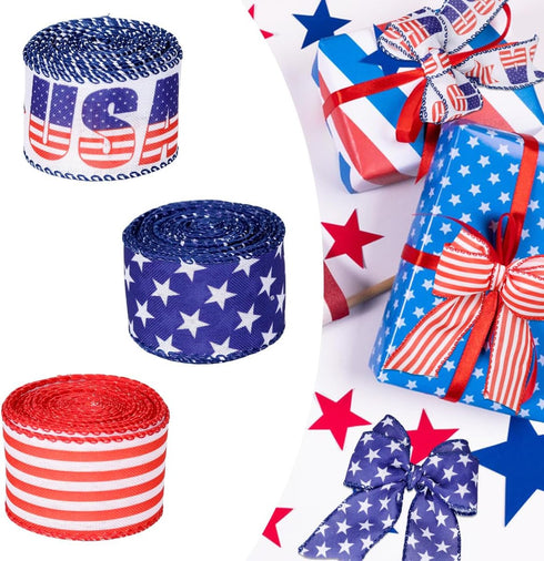 3 Rolls Patriotic Wired Edge Ribbon, 9.9 Yards, Red, White, Blue for 4th of July Crafts, Decoration, 1.5 Inch Width