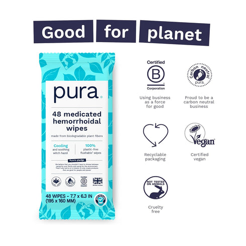 Pura Flushable Hemorrhoid Wipes, 48 Medicated Wipes with Cooling Witch Hazel, Coconut Oil & Aloe Vera, Plastic Free