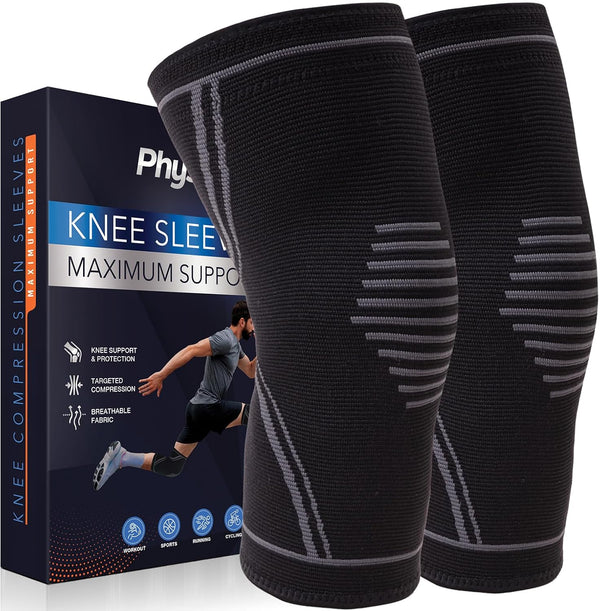 Knee Brace for Pain Relief, 2 Pack Compression Sleeves for Men and Women, Support for Weightlifting, Gym, Workout,