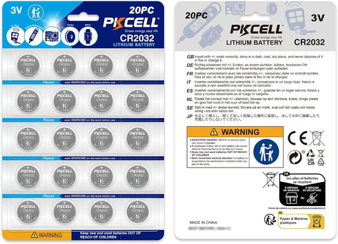 PKCELL CR2032 20-Pack 2032 CR2032 3V Batteries High Capacity Battery Lithium Coin Battery, Compatible with Key Fob, Tea