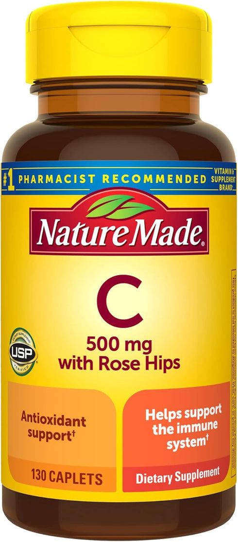 Nature Made Vitamin C 500 mg with Rose Hips | 130 Caplets | Dietary Supplement for Immune Support
