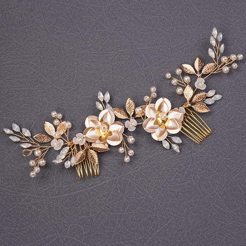 Wedding Gold Rhinestones Hair Comb, Dainty Flower Leaf Crystal Pearls Hair Comb Bridal Headband Hair Accessories for