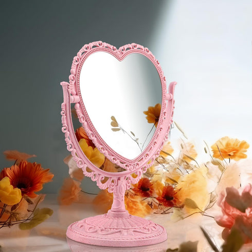 Pink Heart Vanity Mirror, 360 Degree Swivel Makeup Mirror, Double Sided Table Desk Countertop Mirror for Women and Girls