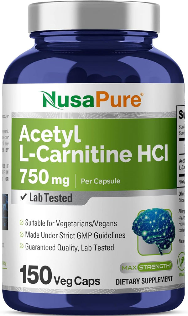 NusaPure Acetyl L-Carnitine - 750mg per Capsule, 150 Veggie Capsules (Non-GMO, Vegan), High Potency Acetyl L Carnitine